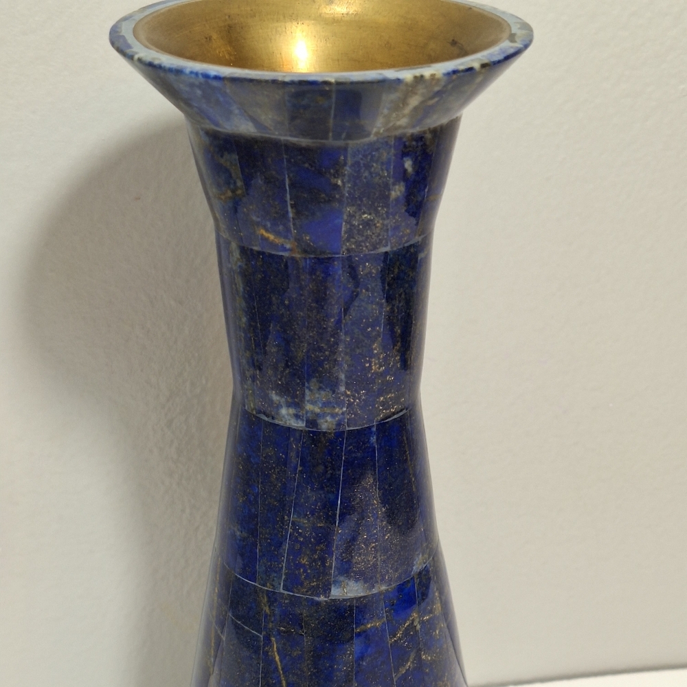 Blue Lapis Lazuli Handmade Brass Lined Natural Gemstone Inlay Vase Cobalt Unique - Picture 15 of 15